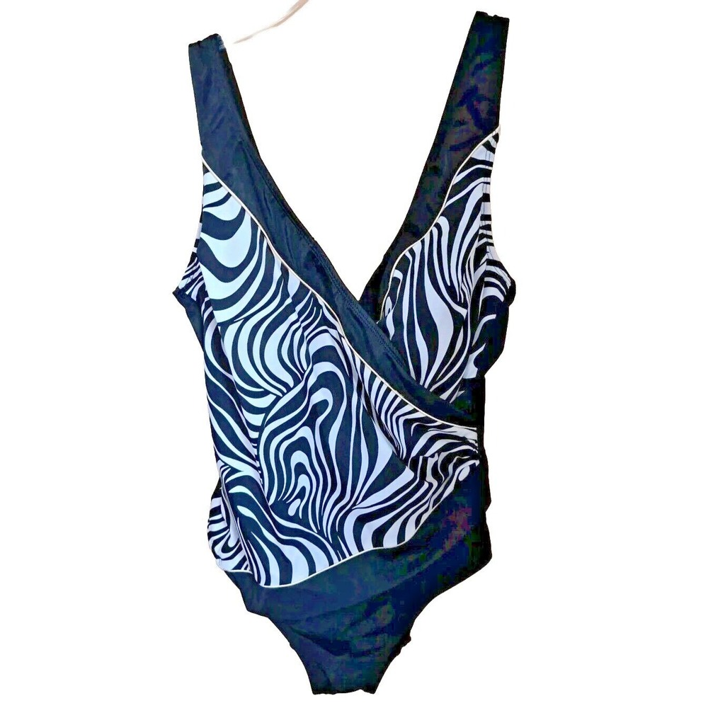Longitude Swimsuit Sz 10 Black‎ Zebra Print One Piece Built-in Bra Slimming